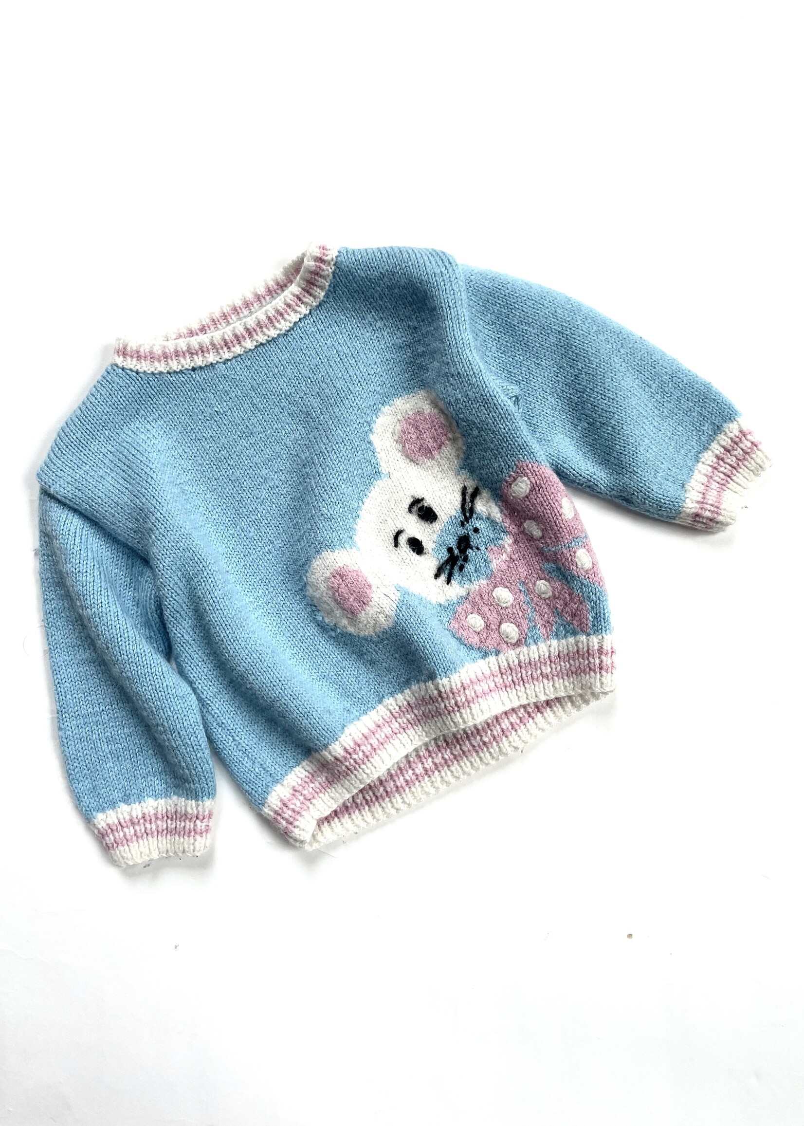 Handmade Wool Light blue and pink Mouse sweater 18m