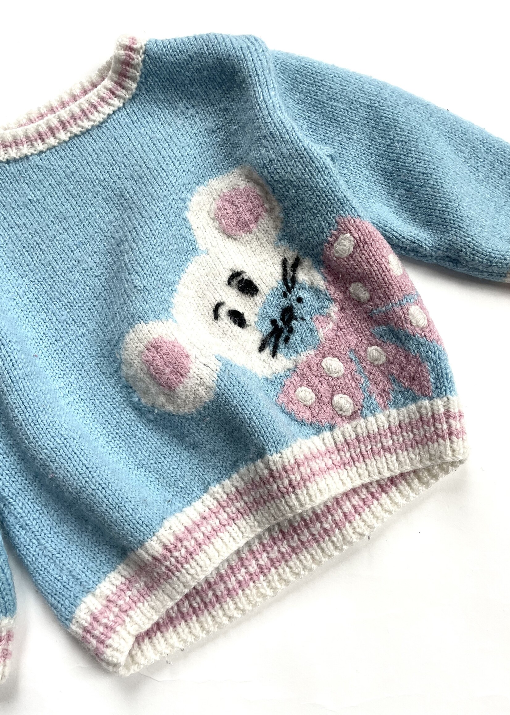 Handmade Wool Light blue and pink Mouse sweater 18m