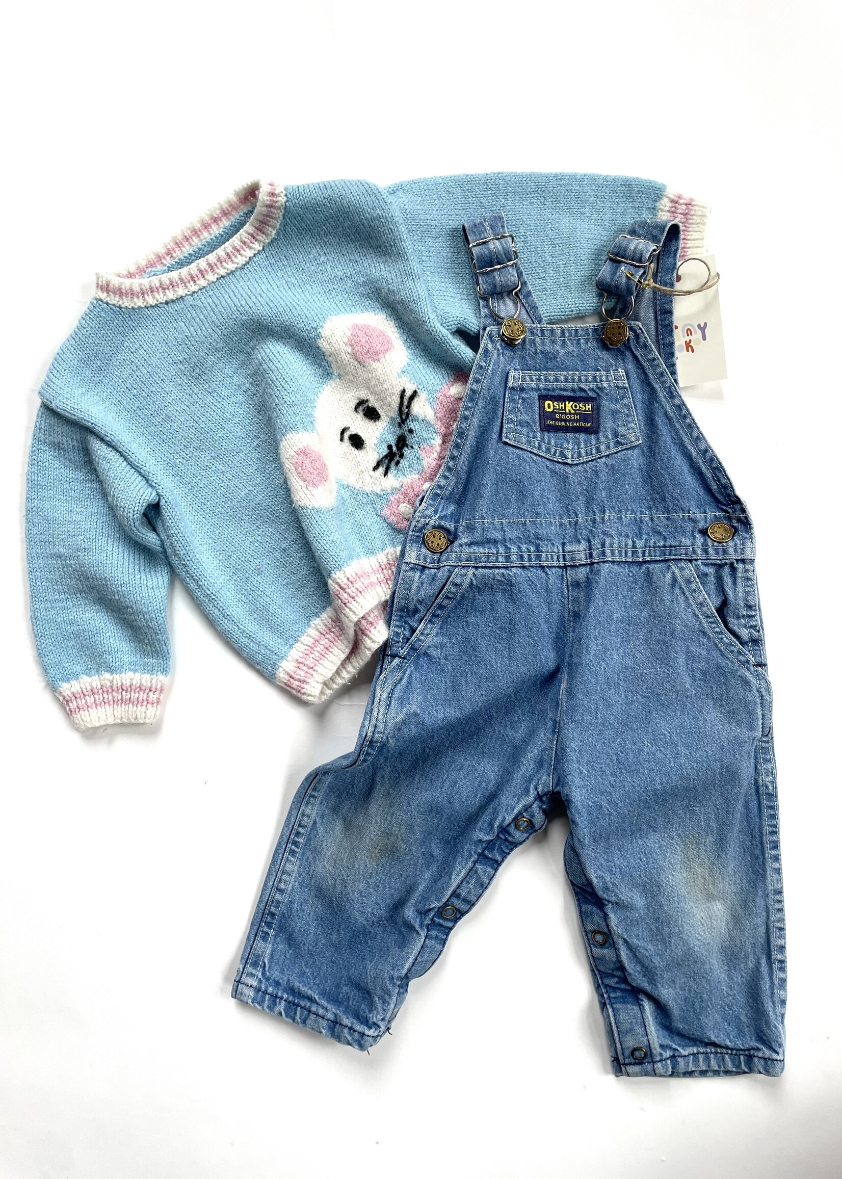 Handmade Wool Light blue and pink Mouse sweater 18m