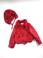 Vintage Red Faux Fur 70's jacket + hat 2y