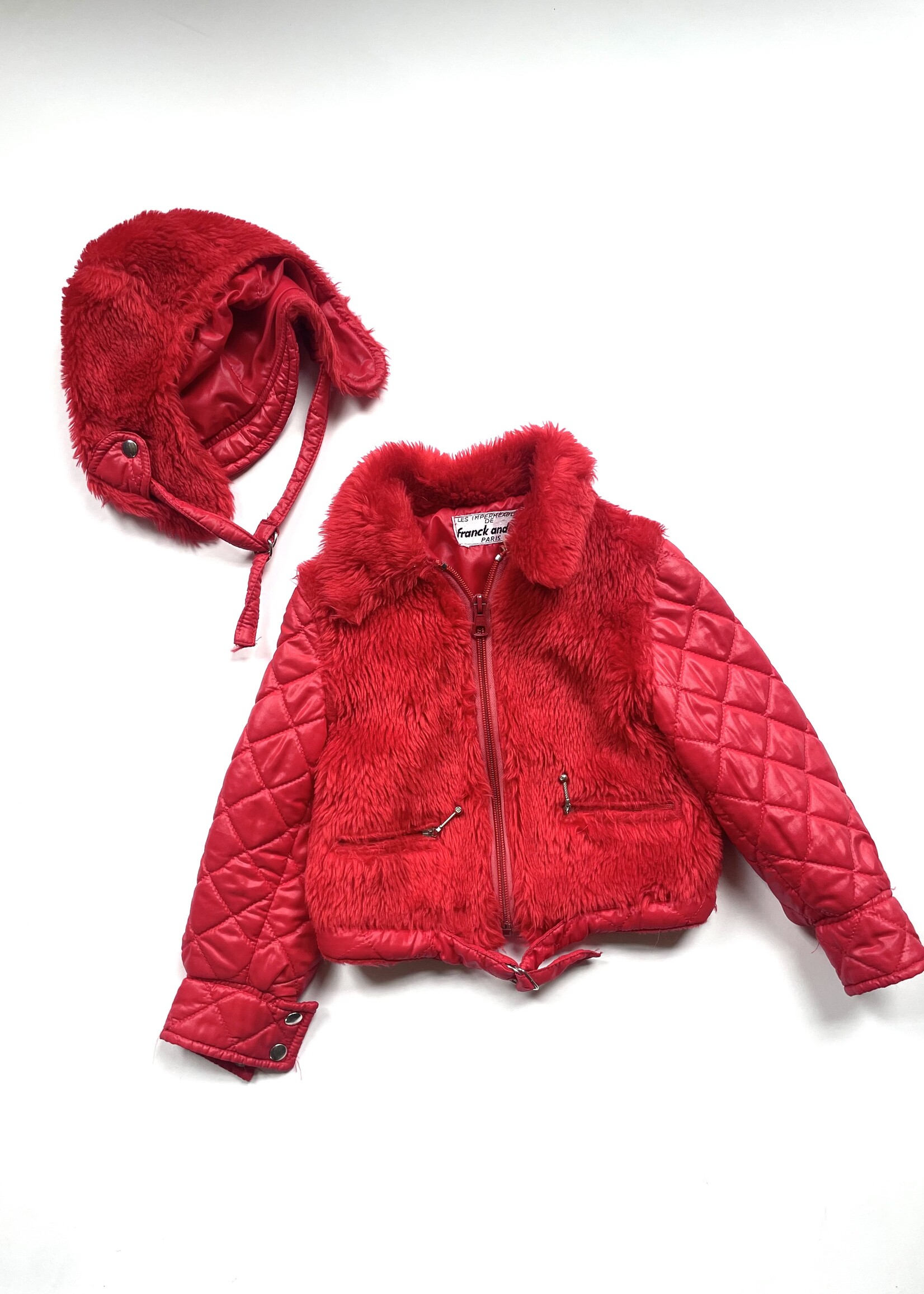 Vintage Red Faux Fur 70's jacket + hat 2y
