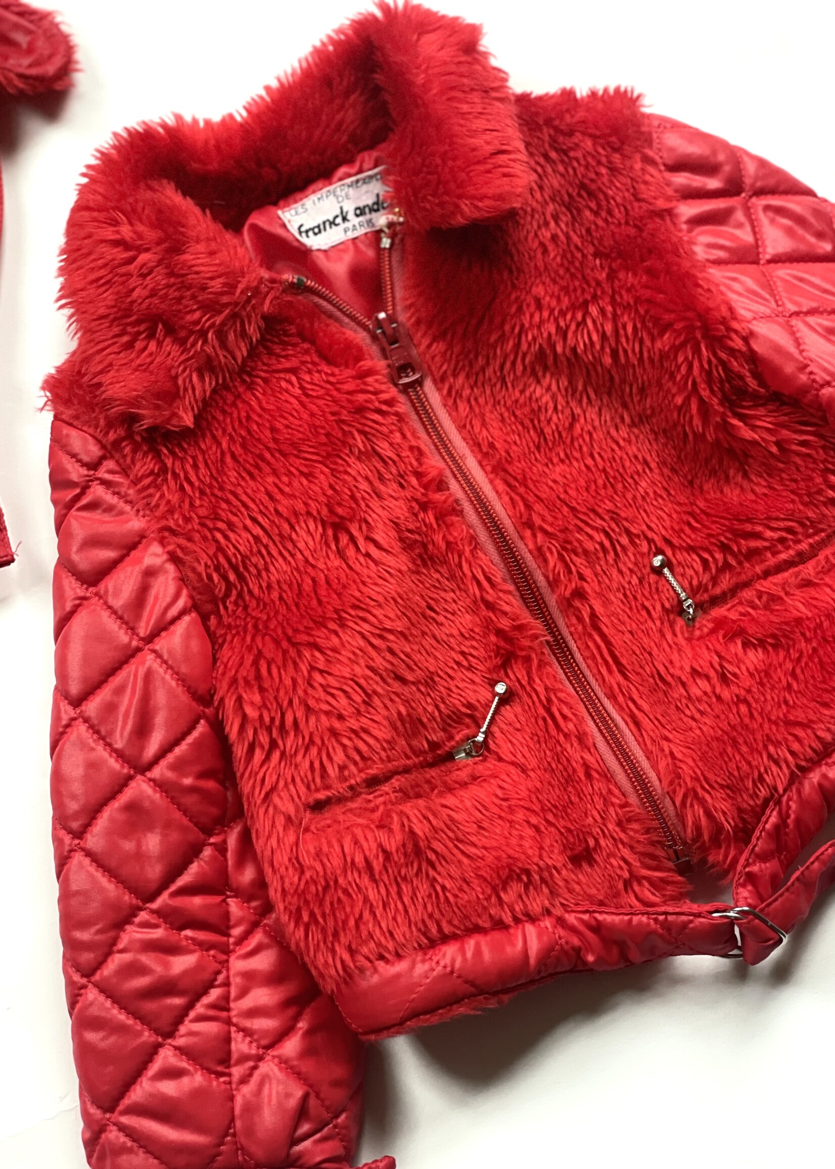 Vintage Red Faux Fur 70's jacket + hat 2y