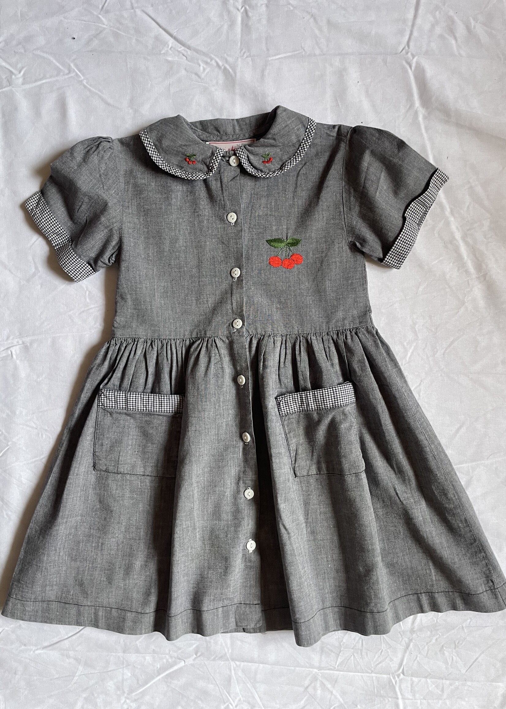 Vintage Grey Vichy Cherry Dress 4-5y