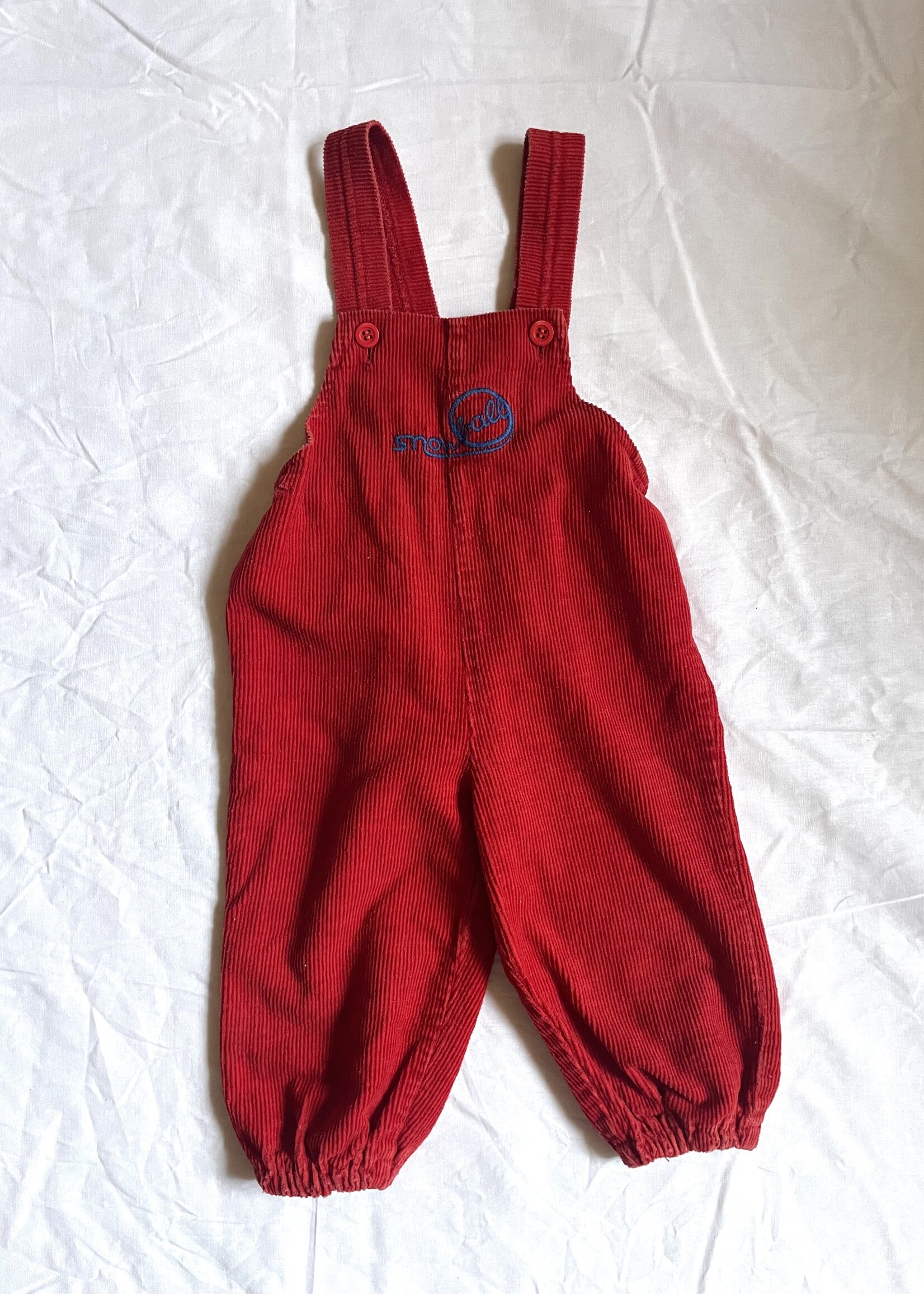 Vintage Red Velvet 'Snowball' Dungarees 9m