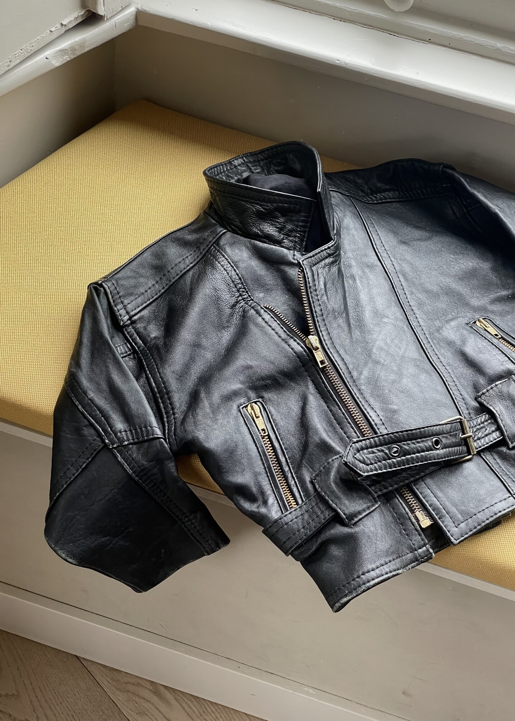 Vintage Black Leather Biker Jacket 3-4y