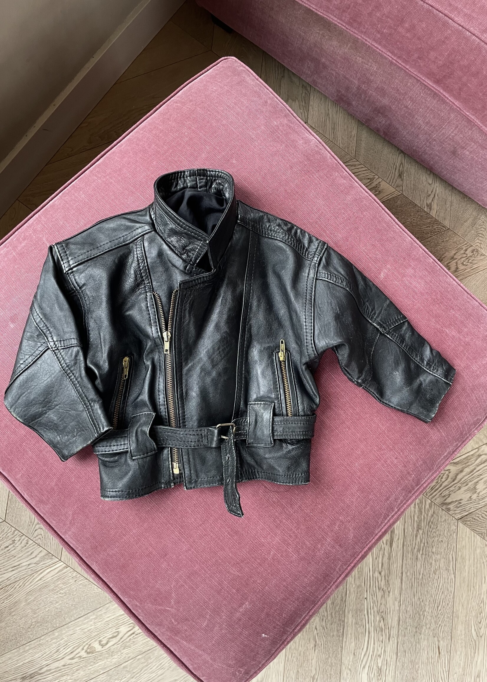 Vintage Black Leather Biker Jacket 3-4y
