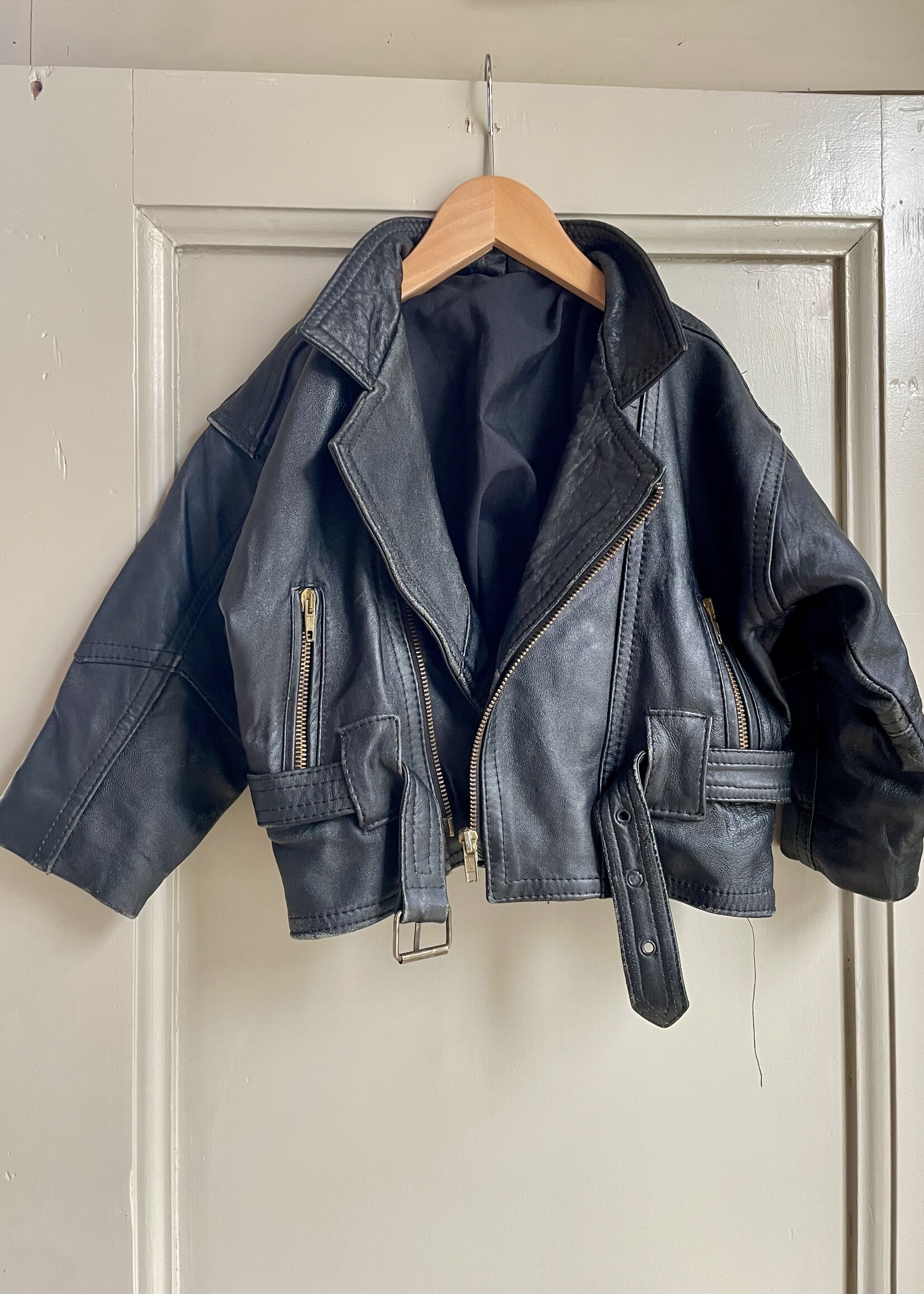 Vintage Black Leather Biker Jacket 3-4y