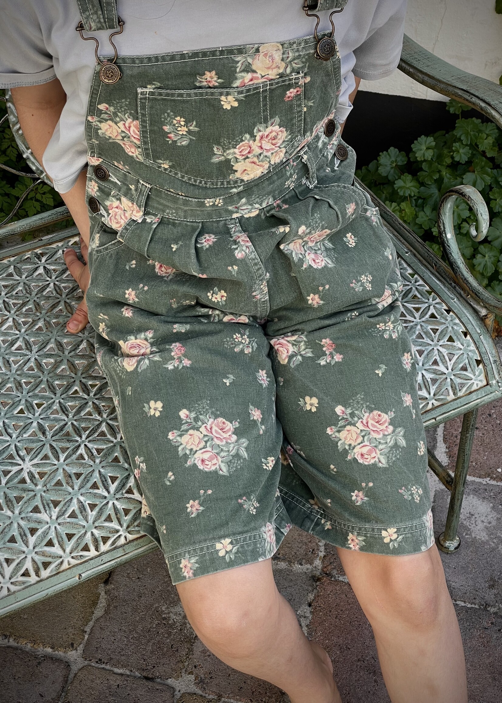 Vintage Green Floral Denim Shortall 10y