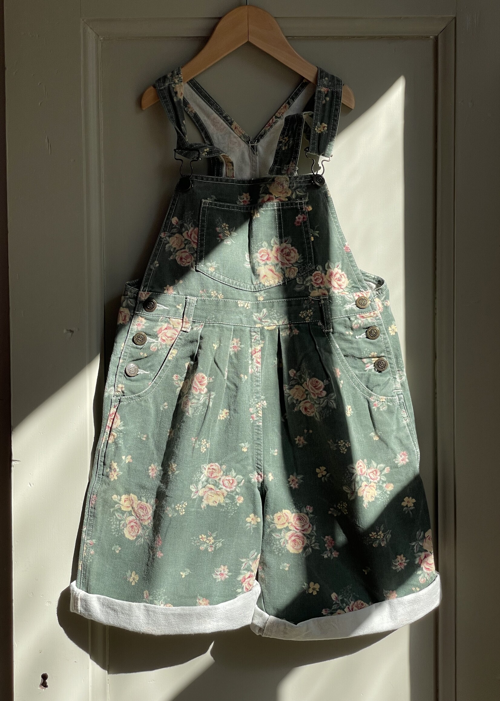 Vintage Green Floral Denim Shortall 10y