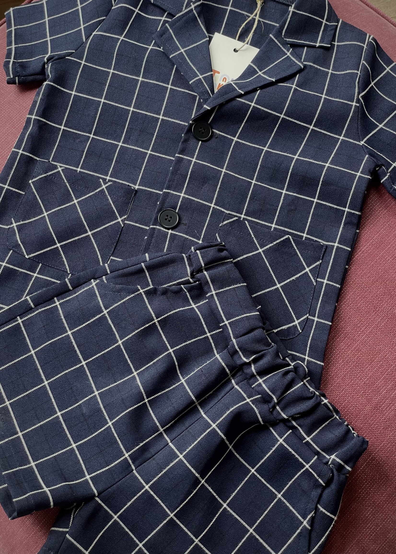Handmade Navy Blue Checked Set 4-5y