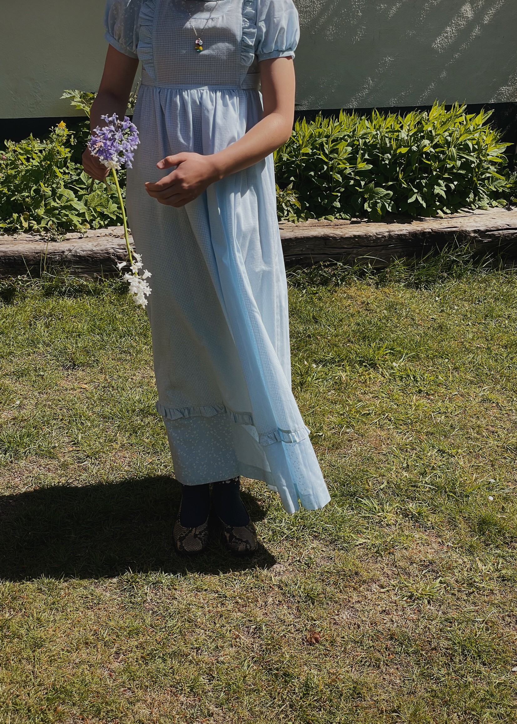 Vintage Light Blue Checked Floral Maxi Dress 4y