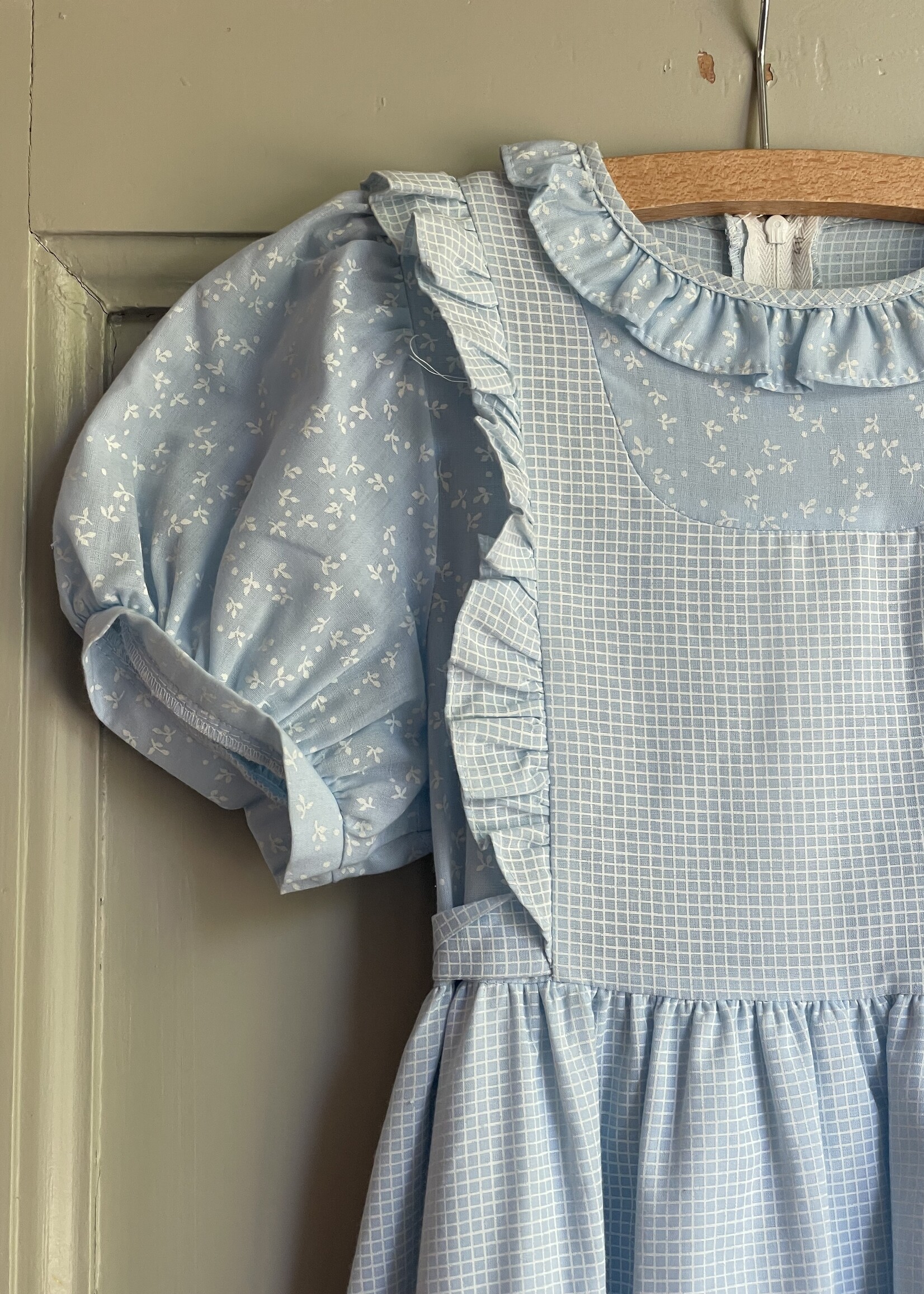 Vintage Light Blue Checked Floral Maxi Dress 4y
