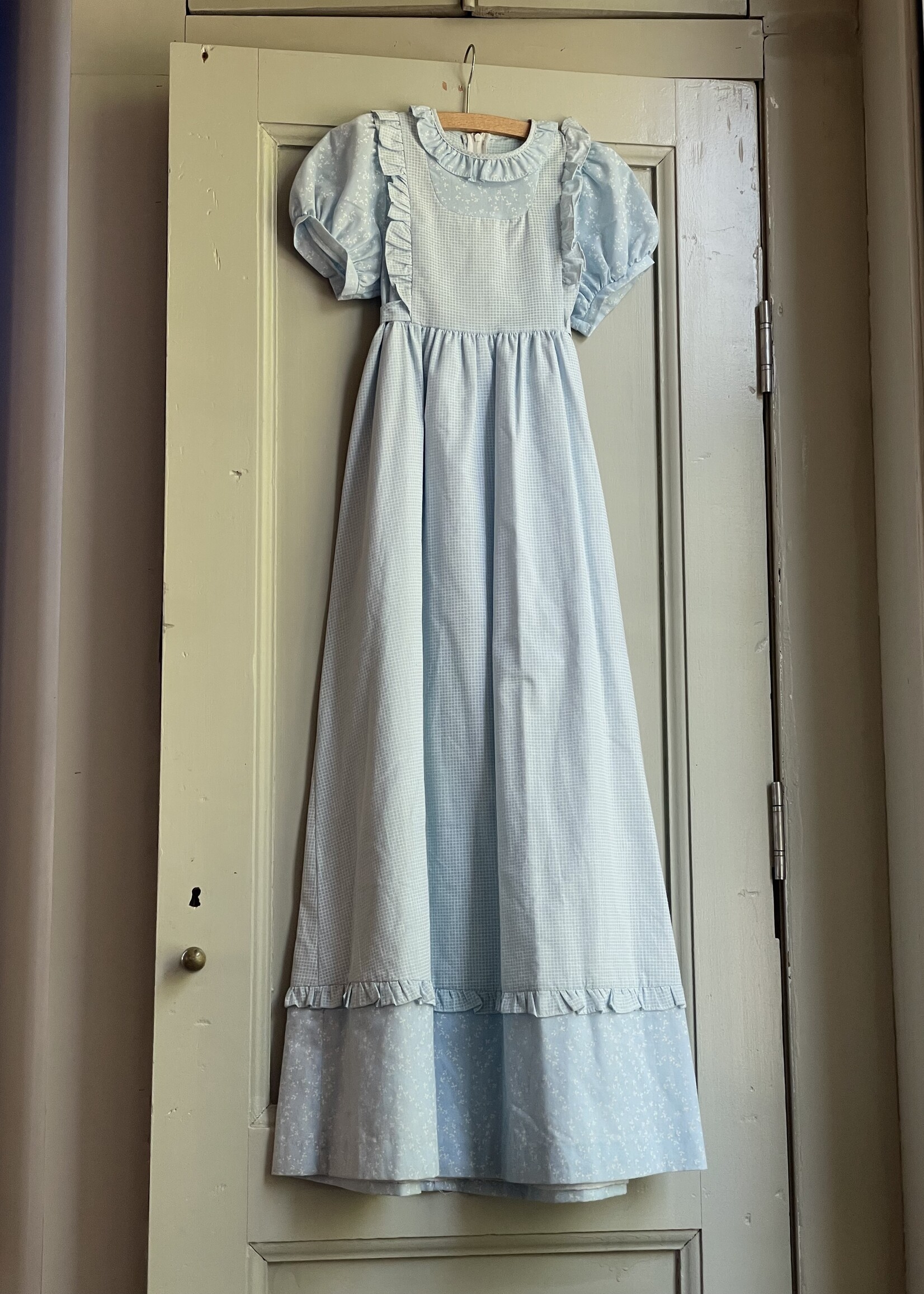Vintage Light Blue Checked Floral Maxi Dress 4y