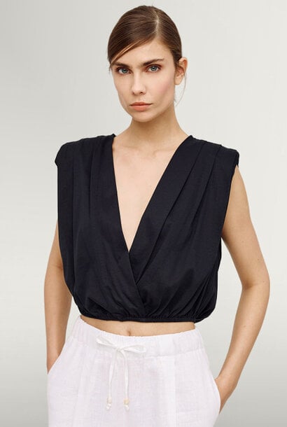 Wrap Blouse Elastic Waist Black