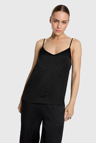 Woven Flowly Satin Top beaded camisole Black