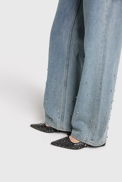 Woven Embellished Denim pants - Light blue