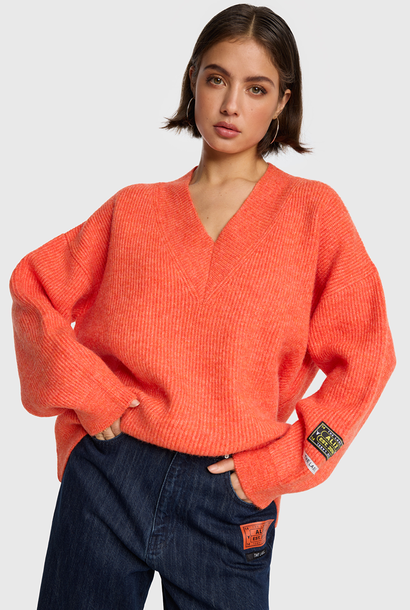 Knitted V-Neck Pullover - Orange