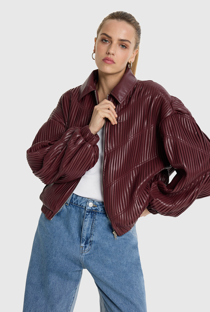 Woven Pleated Faux Leather Bomber - 521 Bordeaux