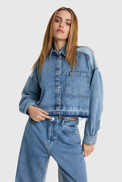 Woven Mix Denim Blouse Light Blue