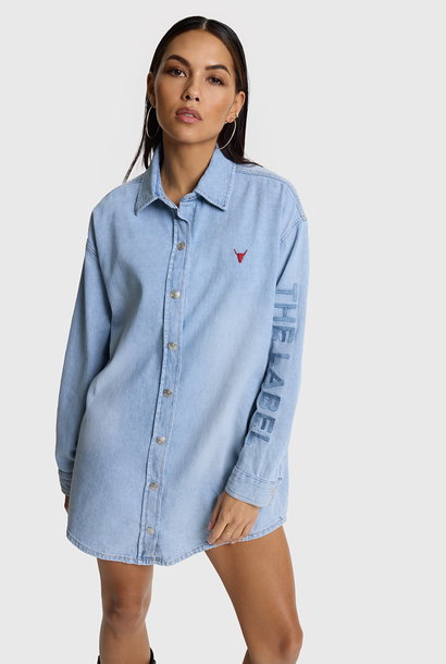Ladies woven flowy denim oversized blouse -  light blue