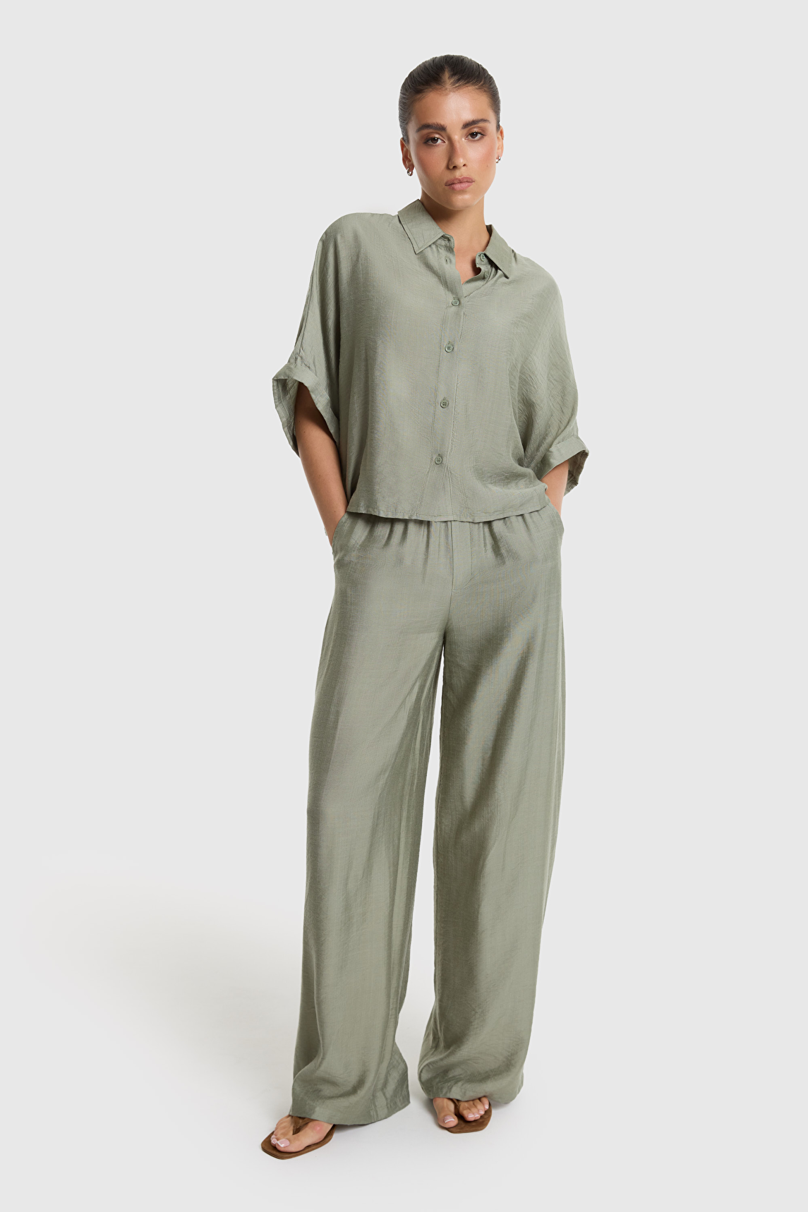 Woven irregular Wide leg Pants - Light Army-1