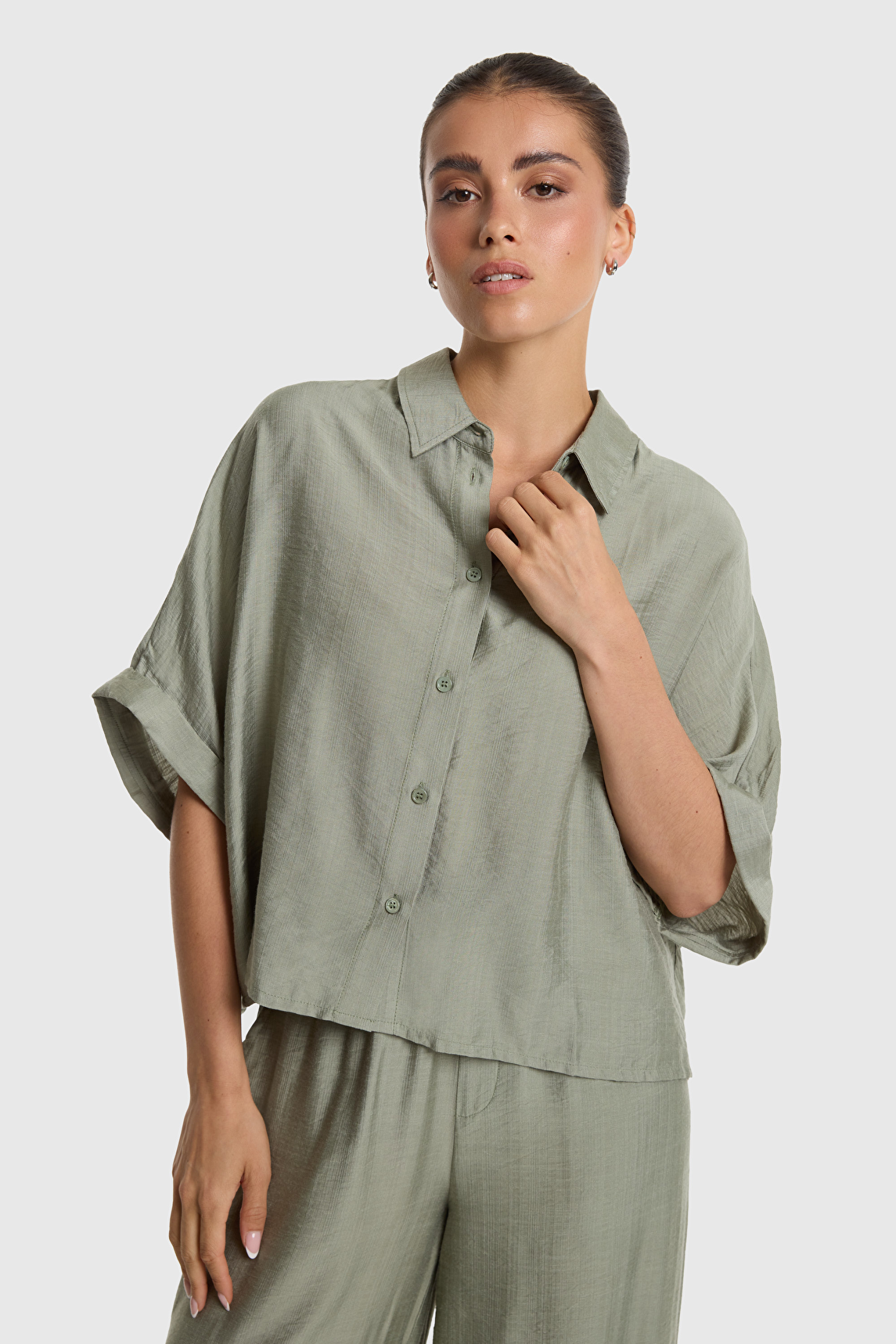 Woven irregular Oversized Blouse - Light Army-2