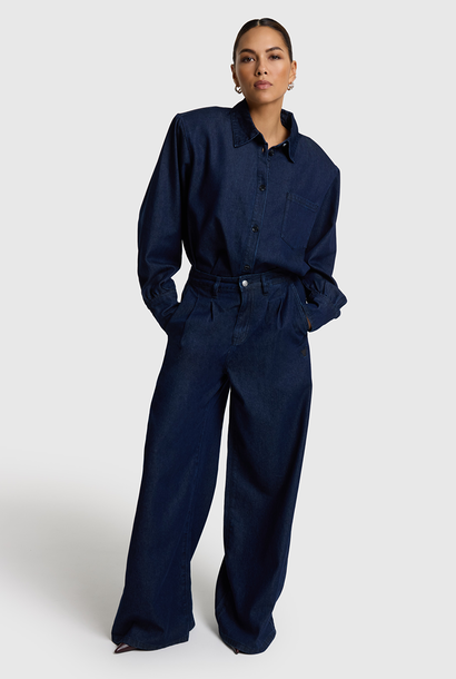 Woven Wide Leg Denim Pants - Indigo