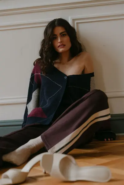 KenyaW6 Knitted Cardigan - Burgundy / Grey Check