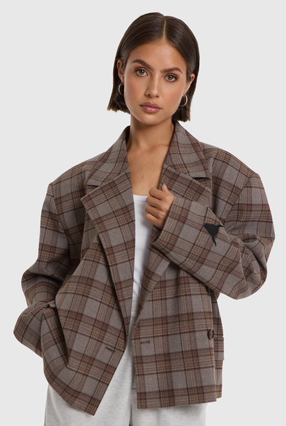 Woven Cropped Check Blazer - Warm Brown