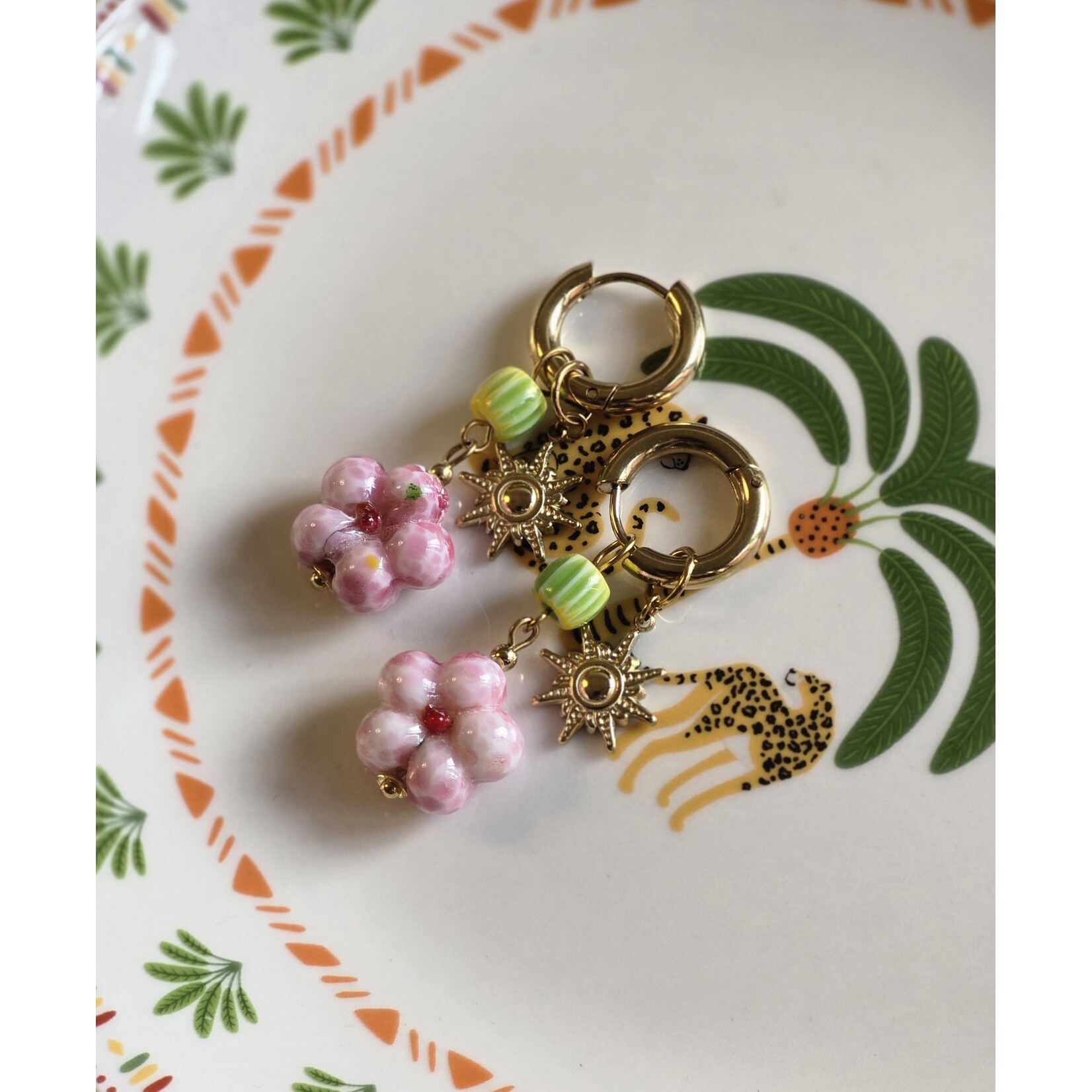 Oorbellen | Bloem | Roze/groen
