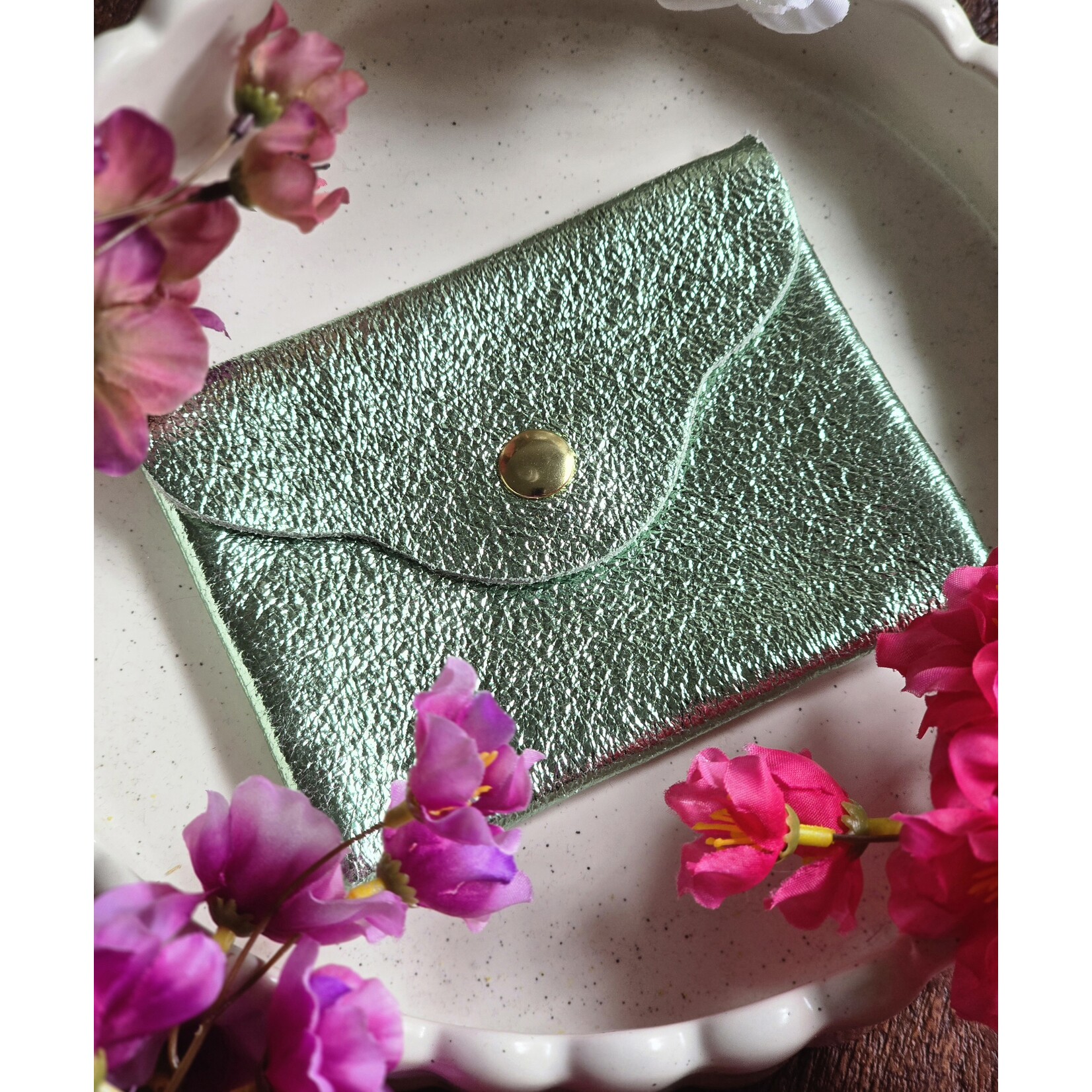 Leren portemoneetje | Mint metallic
