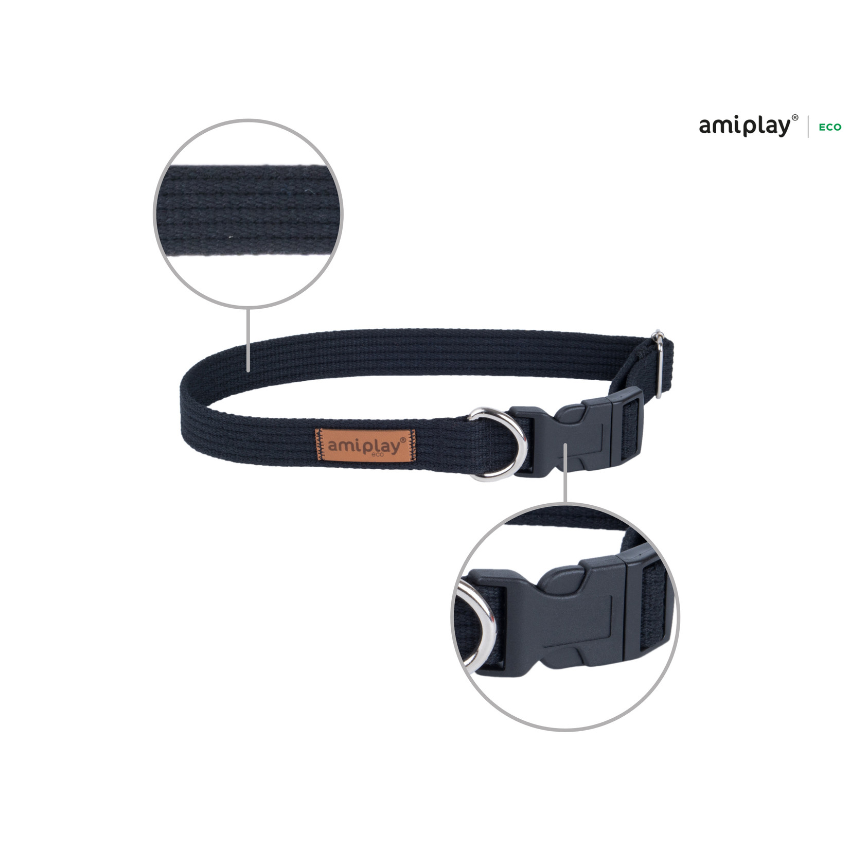 Amiplay Halsband verstelbaar Cotton zwart maat-XL / 45-70x3cm