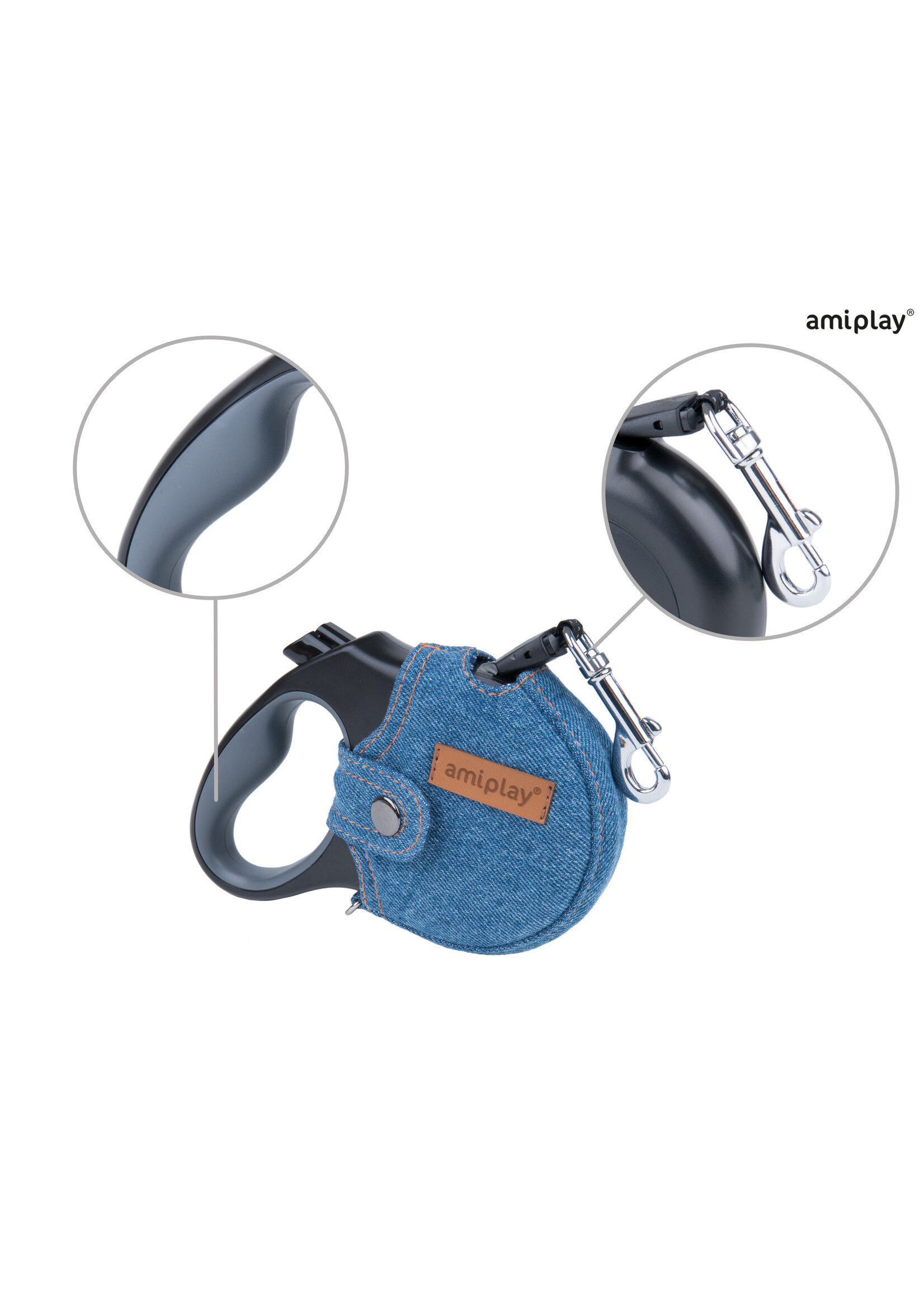 Amiplay Leiband intrekbaar + hoes Denim blauw maat-S / 3m-12kg