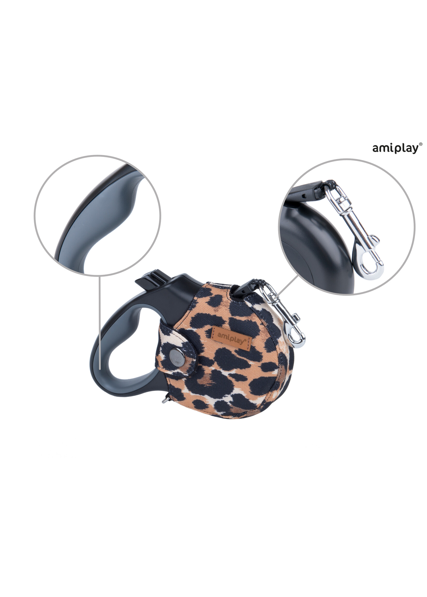 Amiplay Leiband intrekbaar + hoes Safari luipaard maat-S /3m-12kg