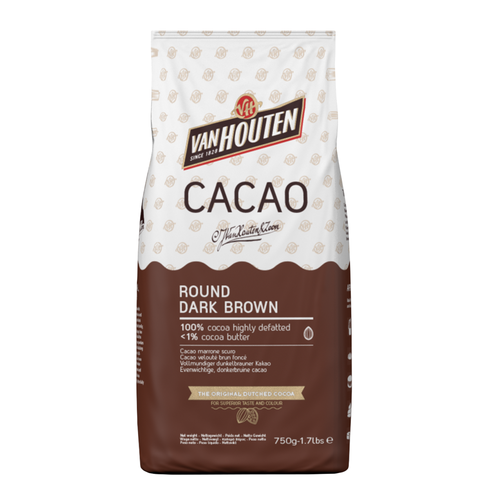 VAN HOUTEN 100% Cocoa Highly Defatted Powder ROUND DARK BROWN - 750gr Bag (Sweden)