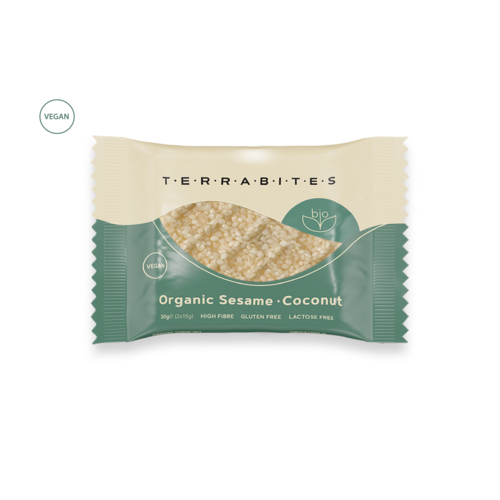 TERRABITES Organic Sesame Coconut - Vegan, Gluten & Lactose Free - Pack of 10 x 30g Squares (Greece) TERRABITES Organic Sesame Coconut - Vegan, Gluten & Lactose Free - Pack of 10 x 30g Squares (Greece)