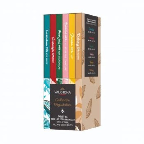 VALRHONA 6 Pack Tasting Bars of Dark, Milk and Blond Dulcey 420 Grams