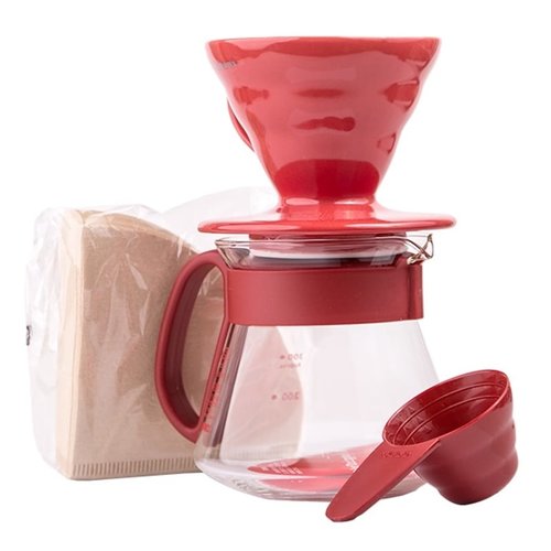 HARIO V60 Dripper & Red Pot Set - Dripper + Server + Filters