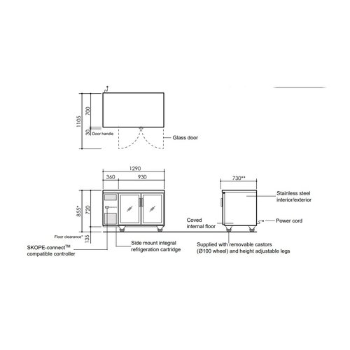 SKOPE RF7.UBR.2.GD - Double Glass Doors Under Bench Refrigerator, GN 1/1