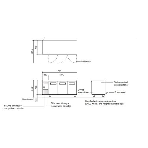 SKOPE RF7.UBR.3.SD - 3 Solid Doors Under Bench Refrigerator, GN 1/1