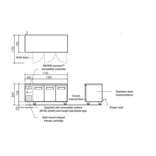 SKOPE RF7.UBF.3.SD - 3 Solid Doors Under Bench Freezer, GN 1/1