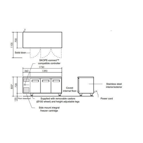 SKOPE RF7.UBR.3.GD - 3 Glass Doors Under Bench Refrigerator, GN 1/1