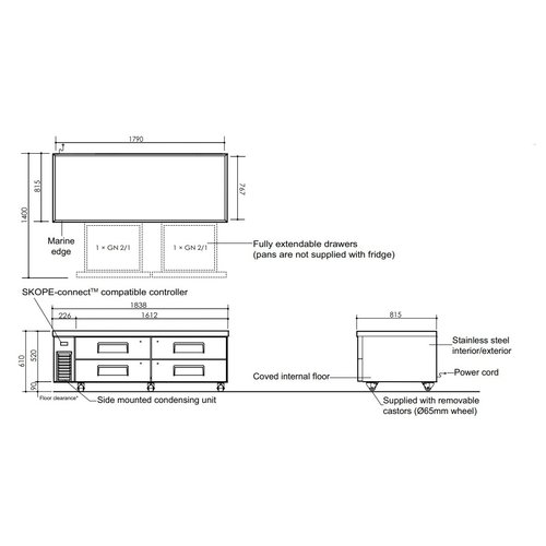 SKOPE RF8.CBR.2.4D - 2-Section with 4 Drawers Chef Base GN 2/1 Refrigerator