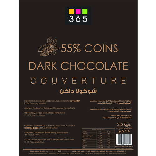 365 - B&P INGREDIENTS Dark Chocolate Couverture 55% Coins 2.5 KG