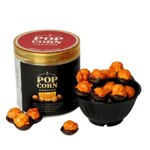 POPCORN PASSION Orange Popcorn coated with Dark Chocolate 140 Grams