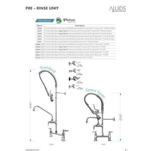 Aluids C8468 - 8″ Center Deck Mount Pre-Rinse -1.15 GPM with Wall Bracket and Add on Faucet with 12″ Spout