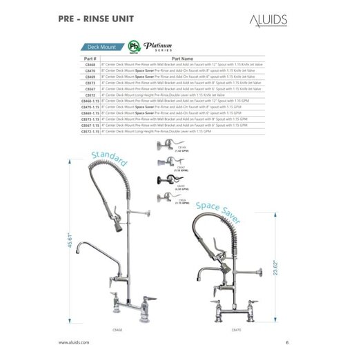 Aluids C8468 – 1.15 GPM 8″ Center Deck Mount Pre-Rinse Faucet with Wall Bracket