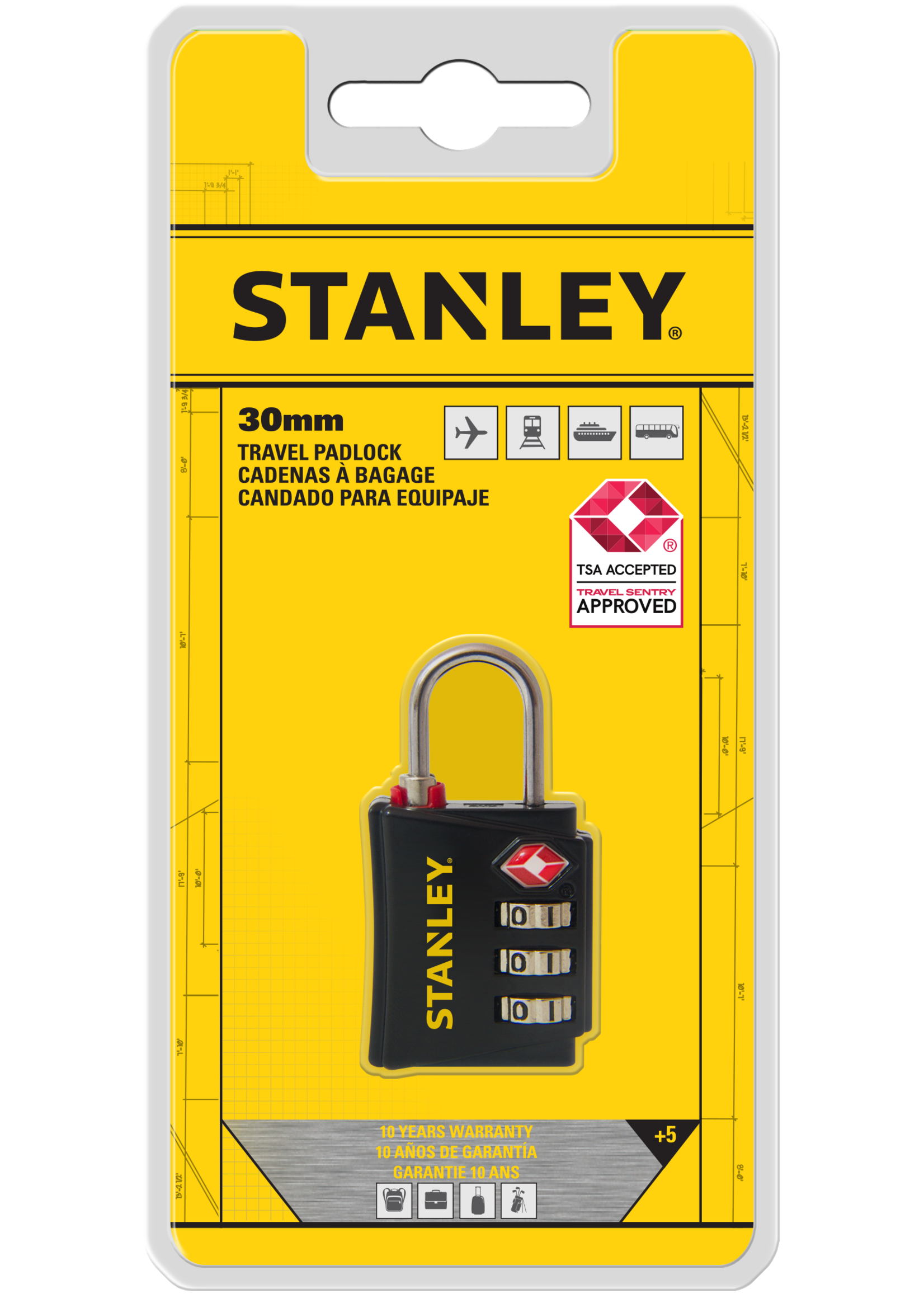 Stanley Stanley Kombinations-Vorhängeschloss 3-stellig Schwarz 30mm Zink Sicherheitsanzeige