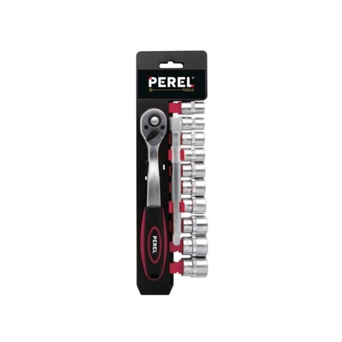 Perel Perel Jeu de douilles à cliquet 3/8" Chrome Argent/Noir 12 pièces