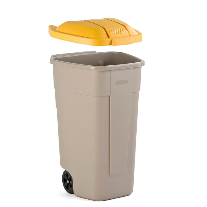 Rubbermaid Poubelle extérieure 100 LTR, RUBBERMAID beige avec couvercle jaune